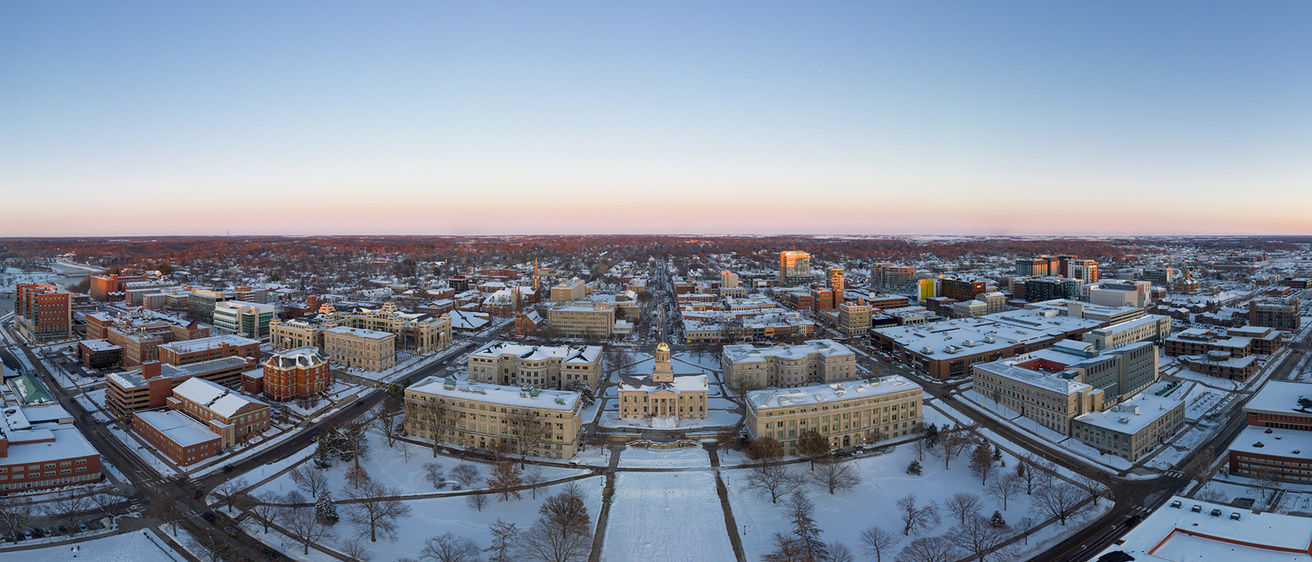 pano shot of campus taken by drone
